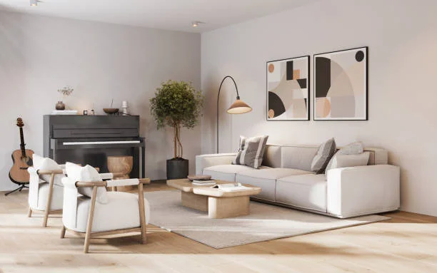 Beautifully painted living room with textured accent wall and warm lighting